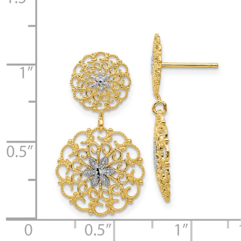 14K w/Rhodium D/C Filigree Medallion Drop Post Earrings-WBC-K4345