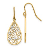 14K & Rhodium Diamond-cut Filigree Teardrop Wire Earrings-WBC-K4363