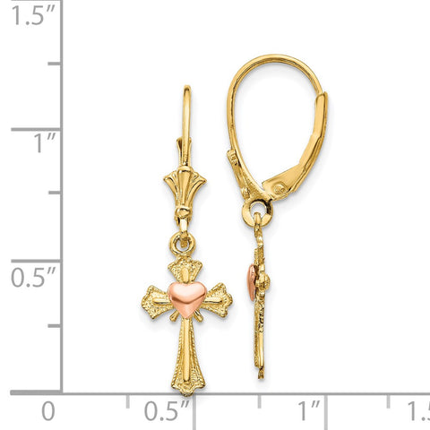 14K Two-tone Heart on Cross Leverback Earrings-WBC-K4528