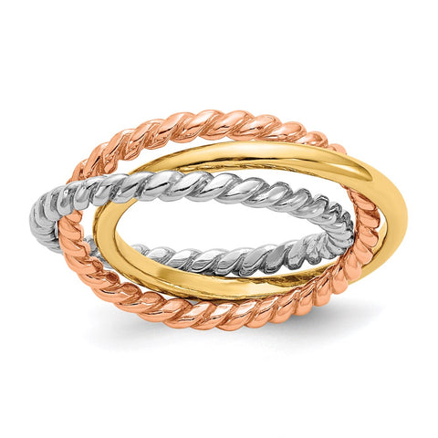 14k Tri-Color Rope Polished 3-band Interlocking Ring-K5787-WBC