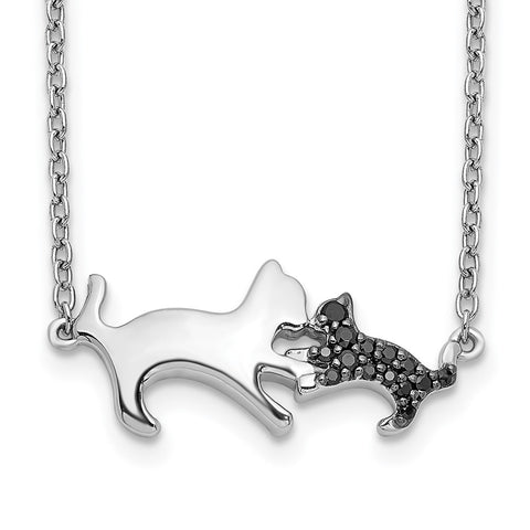 14k White Gold Black Diamond Mother and Baby Cat 18 inch Necklace-WBC-PM3773-BK-006-WA