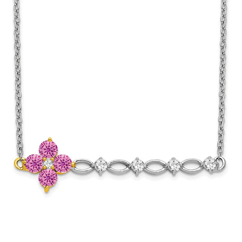14k Two-tone Creat. Pink Sapphire/Diamond 18in. Floral Bar Necklace-WBC-PM7134-CPS-016-WYA