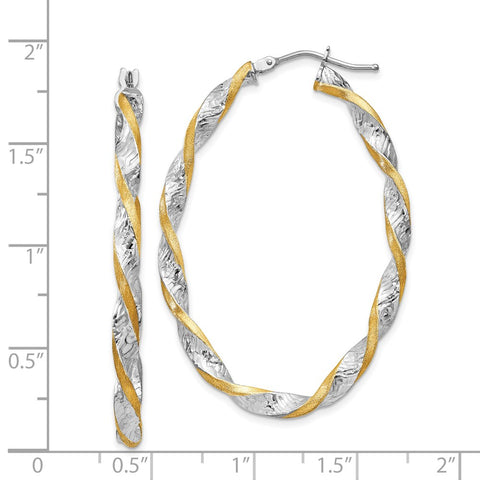 14k White Gold & Yellow Rhodium Twisted D/C Oval Hoop Earrings-WBC-PRE782