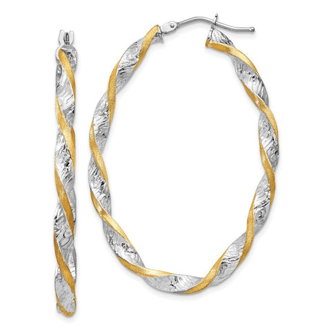14k White Gold & Yellow Rhodium Twisted D/C Oval Hoop Earrings-WBC-PRE782