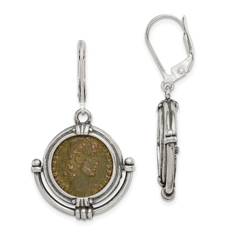 Sterling Silver Antiqued Roman Bronze Coin Leverback Earrings-WBC-QAC123