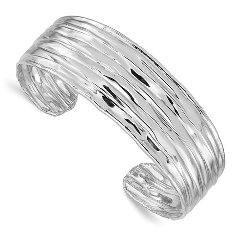 Sterling Silver Rhodium-plated Textured Cuff Bangle-WBC-QB1019