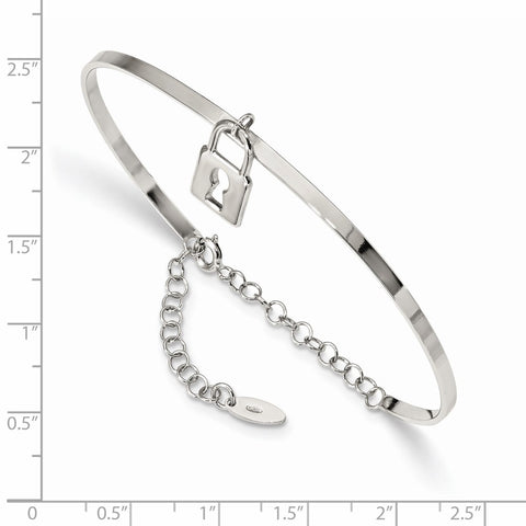 Sterling Silver Rhod-plated Lock Charm up to 8.5in. w/Chain Bangle-WBC-QB1136-7.5