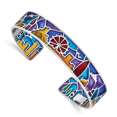 Sterling Silver Rhod-plated Mosaic Multicolor Enamel London Cuff Bangle-WBC-QB1322