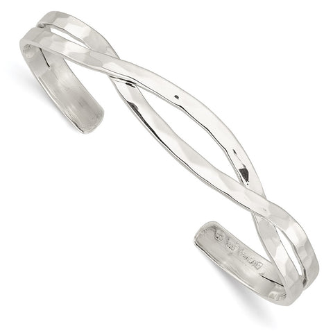 Sterling Silver Polished Hammered Criss Cross Cuff Bangle-WBC-QB1369