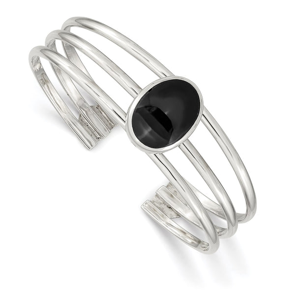 Sterling Silver Onyx Three Strand Cuff Bangle Bracelet-WBC-QB389