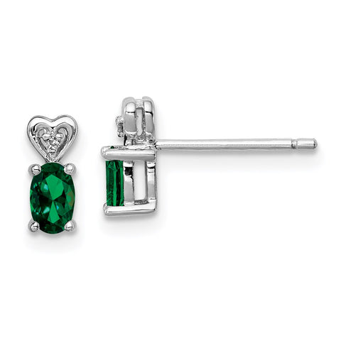 Sterling Silver Rhodium-plated Created Emerald & Diam. Earrings-WBC-QBE23MAY