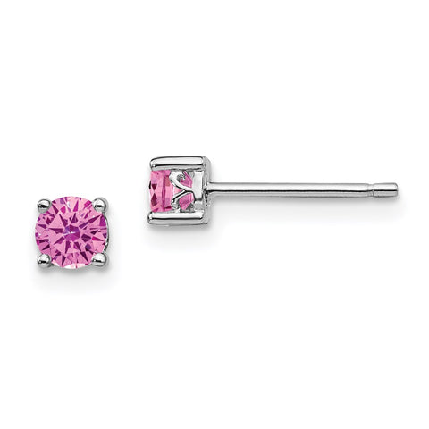 Sterling Silver Rhodium-plated 4mm Round Created Pink Sapphire Post Earring-WBC-QBE26OCT