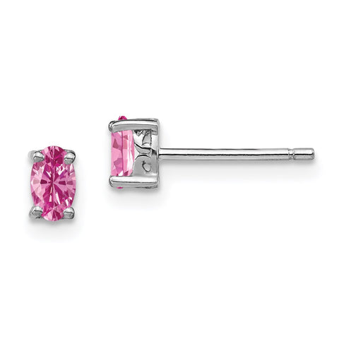 Sterling Silver Rhodium-plated 5x3mm Oval Created Pink Sapphire Post Earrin-WBC-QBE29OCT