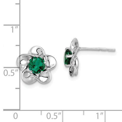 Sterling Silver Rhodium-plated Floral Created Emerald Post Earrings-WBC-QBE31MAY