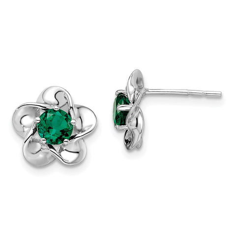 Sterling Silver Rhodium-plated Floral Created Emerald Post Earrings-WBC-QBE31MAY