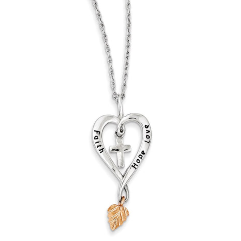 Sterling Silver & 12K Rose Leaf Faith, Hope, Love Heart Necklace-WBC-QBH180-18