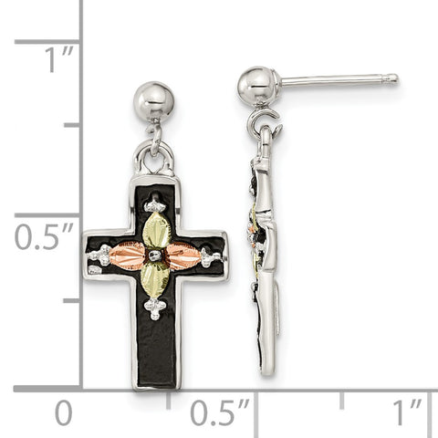 Sterling Silver w/12K Accents Antiqued Cross Black Hills Gold Post Earrings-WBC-QBH284