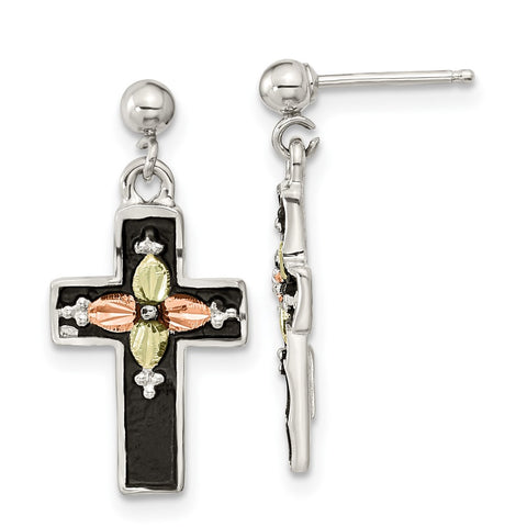 Sterling Silver w/12K Accents Antiqued Cross Black Hills Gold Post Earrings-WBC-QBH284