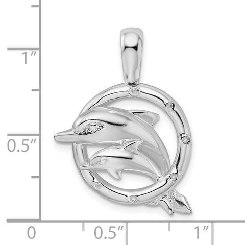Sterling Silver Polished 2 Dolphins Jumping Thru Hoop Pendant-WBC-QC9984