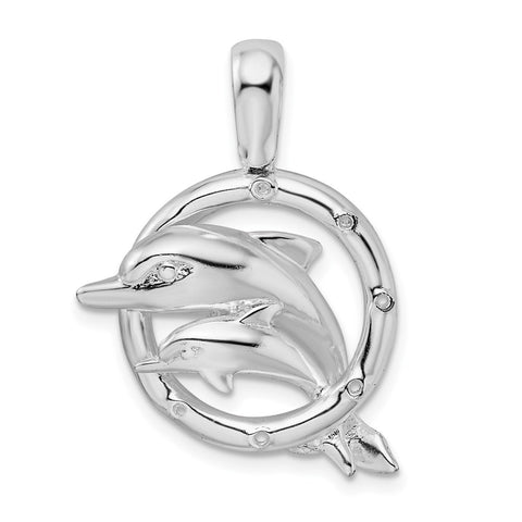 Sterling Silver Polished 2 Dolphins Jumping Thru Hoop Pendant-WBC-QC9984