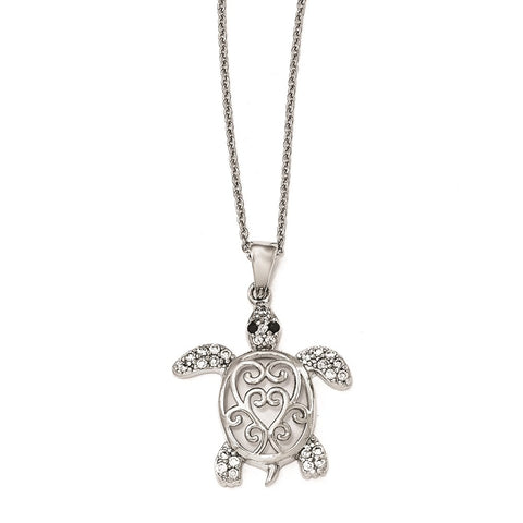 Cheryl M Sterling Silver Rhod-plated Black & White CZ Turtle 18in Necklace-WBC-QCM1295-18