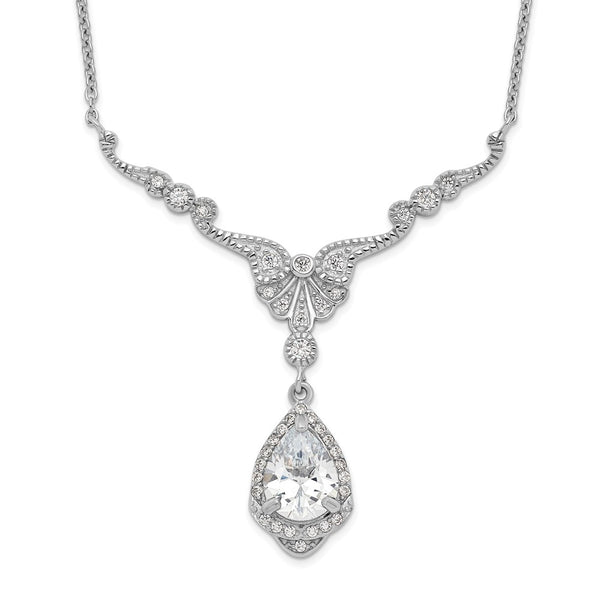 Cheryl M SS Rhodium Plated CZ Fancy Teardrop Dangle w/2.25 in ext Necklace-WBC-QCM1307-16