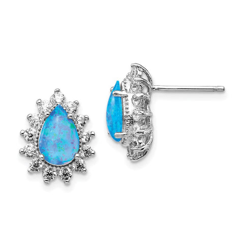 Cheryl M Sterling Silver Rhod-plated CZ & Created Blue Opal Stud Earrings-WBC-QCM1405