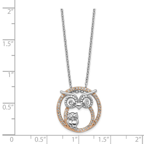 Cheryl M 18.25in Sterling Silver & Rose Gold-plated CZ Owl Necklace-WBC-QCM1445-18.25