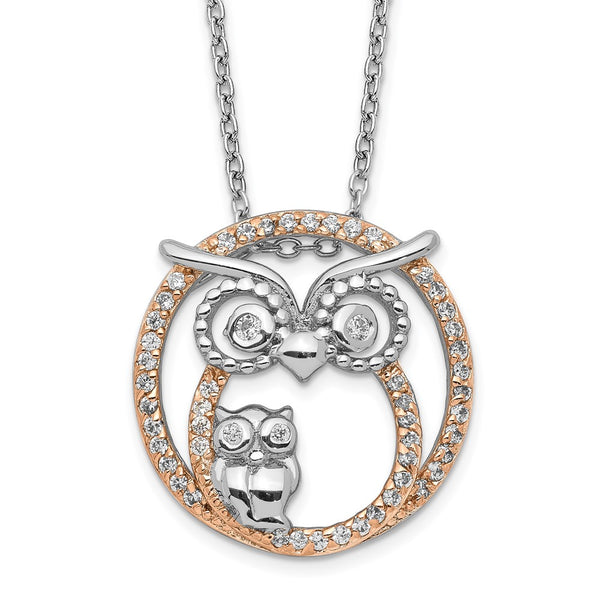 Cheryl M 18.25in Sterling Silver & Rose Gold-plated CZ Owl Necklace-WBC-QCM1445-18.25