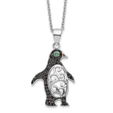 Cheryl M SS Black Rhodium B&W CZ Green Glass Penguin 18.25in Necklace-WBC-QCM1447-18.25