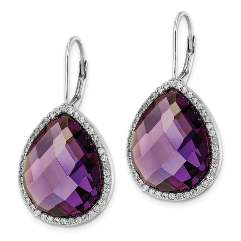 Cheryl M SS Rhodium-plated Large Purple CZ Checked Pear & CZ Earrings-WBC-QCM1471