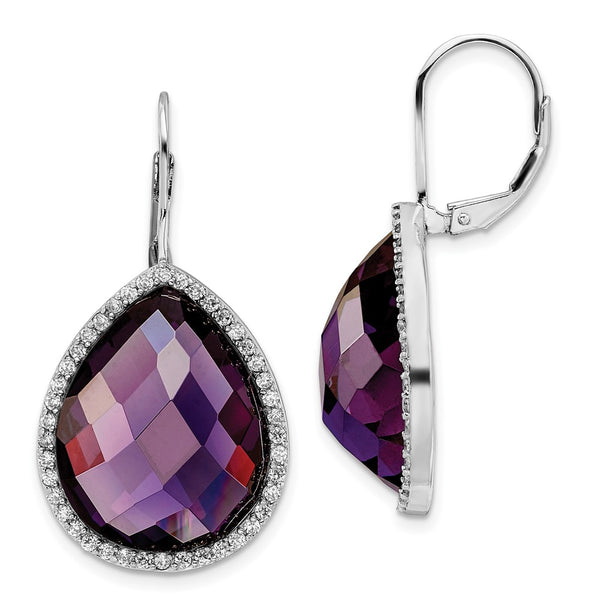 Cheryl M SS Rhodium-plated Large Purple CZ Checked Pear & CZ Earrings-WBC-QCM1471