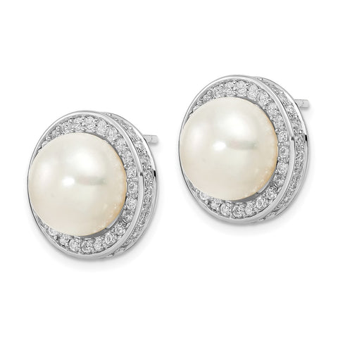 Cheryl M SS Rhodium-plated CZ & 12mm FW Cultured Pearl Stud Earrings-WBC-QCM1472