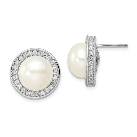 Cheryl M SS Rhodium-plated CZ & 12mm FW Cultured Pearl Stud Earrings-WBC-QCM1472