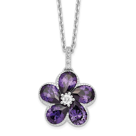 Cheryl M SS Rhodium-plated Purple CZ Flower w/ 2in ext. Necklace-WBC-QCM1562-16