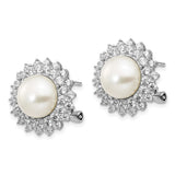 Cheryl M Sterling Silver Rhod Plated CZ & FWC Pearl Omega Back Earrings-WBC-QCM289