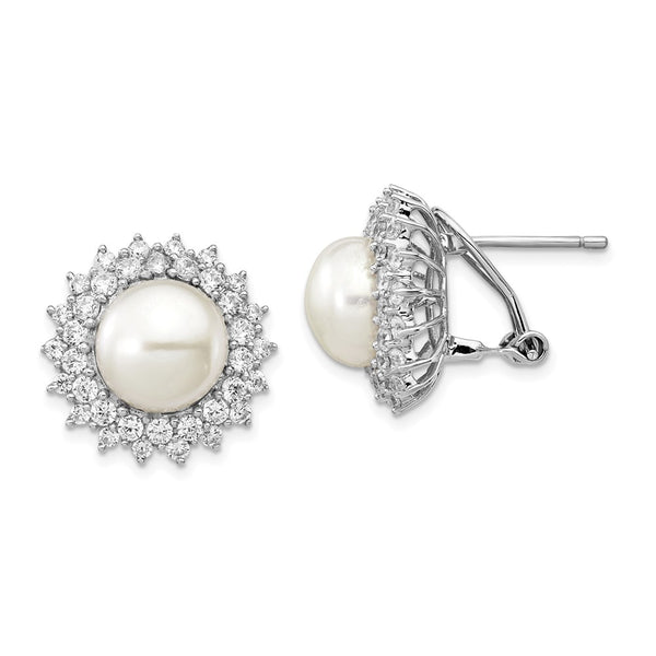 Cheryl M Sterling Silver Rhod Plated CZ & FWC Pearl Omega Back Earrings-WBC-QCM289