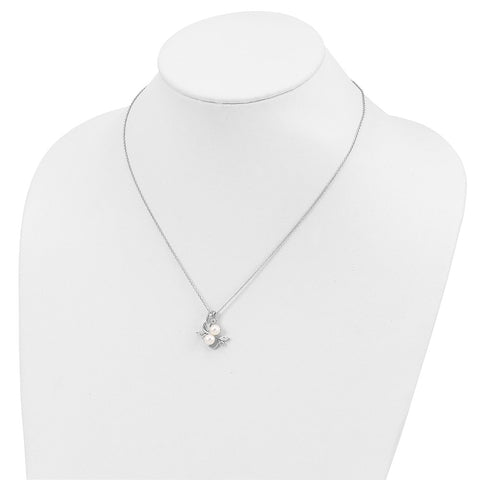 Cheryl M SS Rhodium-plated CZ & White FWC Pearl Leaves 18in Necklace-WBC-QCM292-18