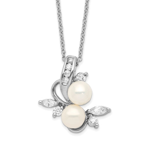 Cheryl M SS Rhodium-plated CZ & White FWC Pearl Leaves 18in Necklace-WBC-QCM292-18