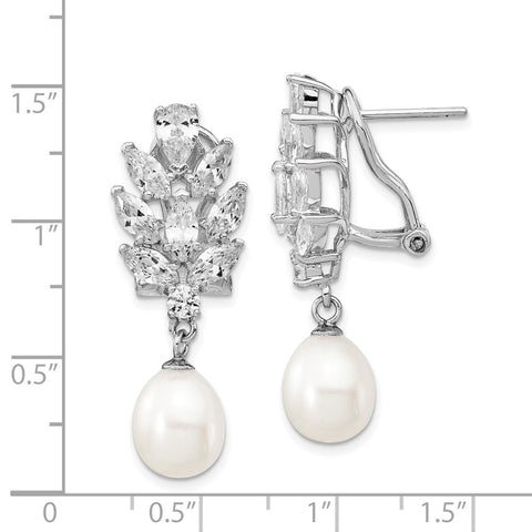 Cheryl M Sterling Silver Rhod Plated CZ & FWC Pearl Omega Back Earrings-WBC-QCM313