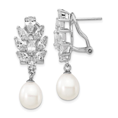 Cheryl M Sterling Silver Rhod Plated CZ & FWC Pearl Omega Back Earrings-WBC-QCM313