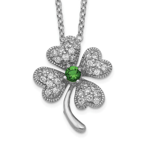 Cheryl M SS Rhod-plated Glass Sim.Emerald & CZ 4-leaf Clover 18in Necklace-WBC-QCM367-18