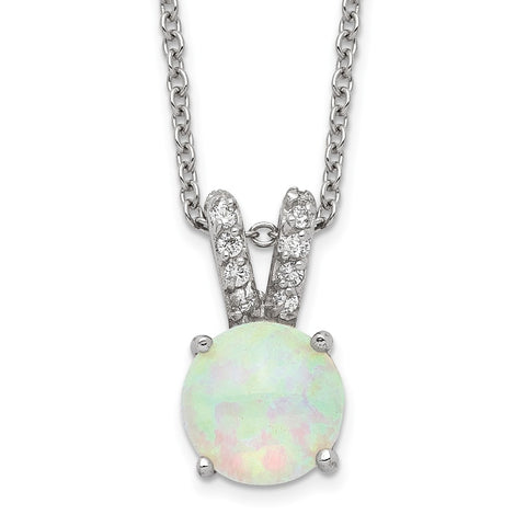 Cheryl M SS Rhod-plated Lab Created White Opal Cabochon & CZ 18in Necklace-WBC-QCM376-18