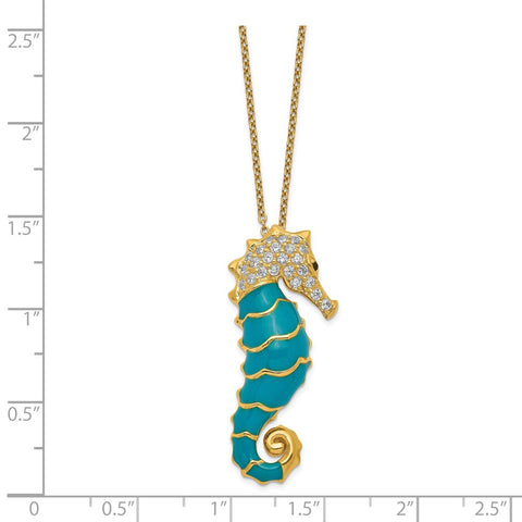 Cheryl M Sterling Silver Gold-plated Enameled CZ Seahorse 18in Necklace-WBC-QCM578-18