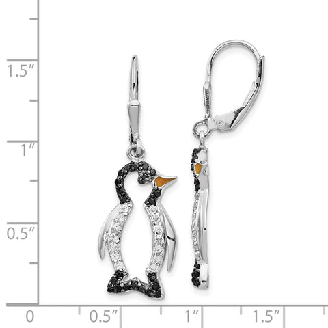 Cheryl M SS Rhodium Plated Enamel w/ Black & White CZ Penguin Earrings-WBC-QCM597