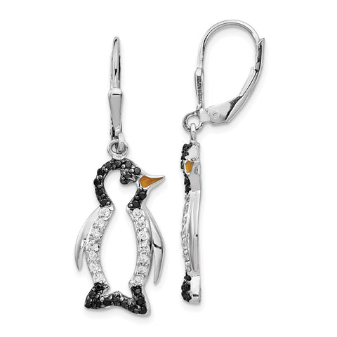 Cheryl M SS Rhodium Plated Enamel w/ Black & White CZ Penguin Earrings-WBC-QCM597