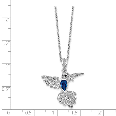 Cheryl M SS RhodP CZ/LabCr. Dark Blue Spinel Hummingbird 18in Necklace-WBC-QCM608-18