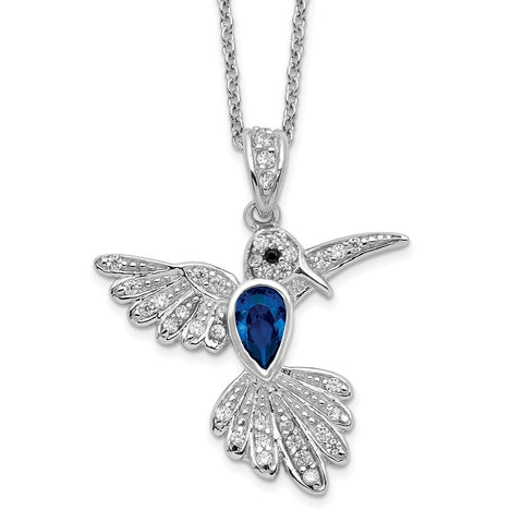 Cheryl M SS RhodP CZ/LabCr. Dark Blue Spinel Hummingbird 18in Necklace-WBC-QCM608-18