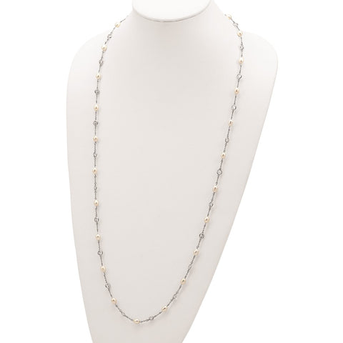 Cheryl M Sterling Silver Rhod Plated CZ & FWC Pearl Station 36in Necklace-WBC-QCM728-36