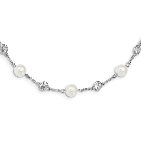 Cheryl M SS Rhodium-plated CZ & Simulated Pearl Station 36in Necklace-WBC-QCM729-36
